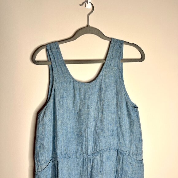 Flax 100% Linen Blue Chambray Oversized Jumpsuit Large Front Pockets Boho Sz S - Picture 2 of 5